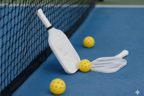 Pickleball paddles and balls on a blue court